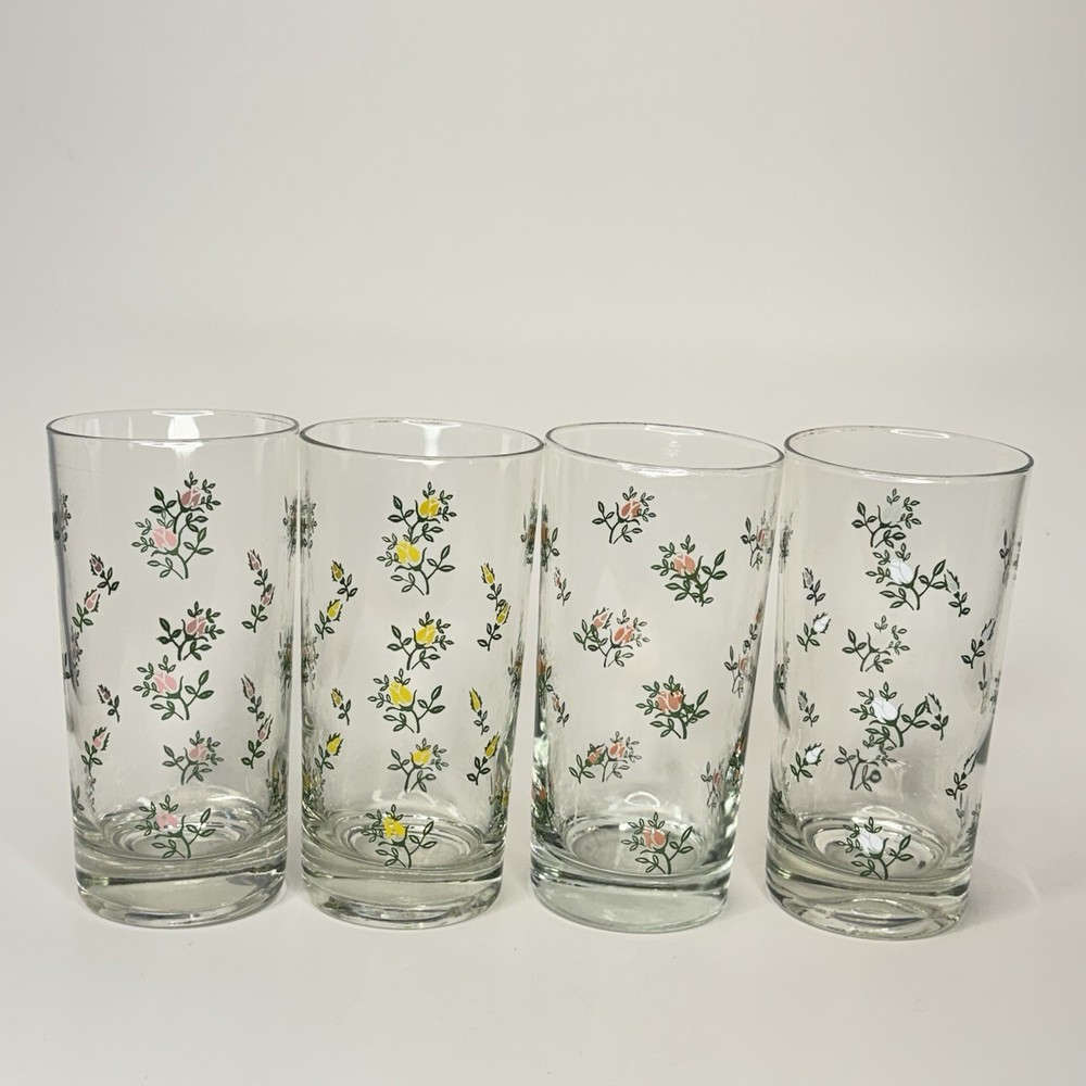 4 1970s Anchor Hocking CLIMBING ROSES Pattern pair 5.5” glass tumblers Vintage