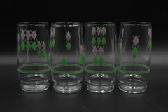 4 Vintage MCM Drinking Glasses Purple & Green Daimonds Anchor Hocking