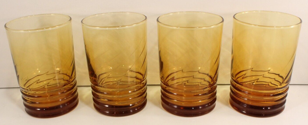 LIBBEY Amber Swirl w/ Rings Glasses * Set of 4 * EXC. 4 1/4″ Vintage MCM Star