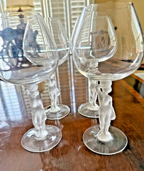 Vintage Bayel Baccus Crystal France Nude Figural Stem Wine Goblets Set of 4