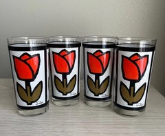 Vintage Anchor Hocking «Happy Times» Tulip Floral Flower Glasses Set Of 4 MCM