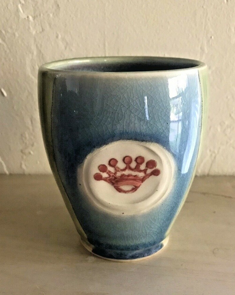 Handmade Pottery Cup Tumbler Embossed Crown Crackle Glaze Signed Jennifer MINT