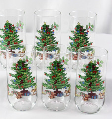 6 Holiday Hostess Christmas Tree 16oz Glasses Tienshan Noel Glassware Tumbler
