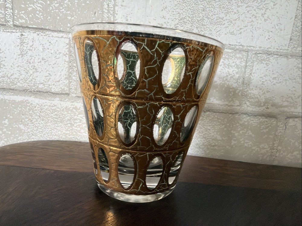 VTG Culver PIZA Green & Gold Old Fashioned Tumbler 4 1/8” T Mid Century Modern