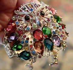 Large Goldtone Colorful Rhinestones Owl Openwork Hinged Bracelet #8238