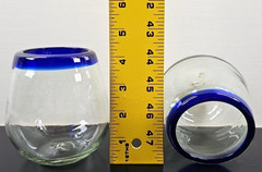 (4) Pier 1 Cobalt Rim Stemless Wine Glasses Set Clear Mexican Hand Blown Art Lot
