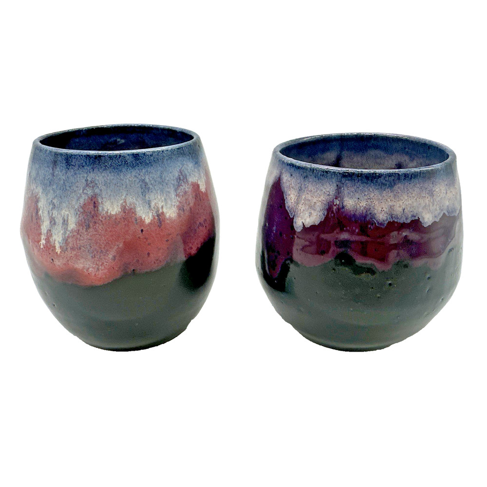 Set of 2 Drip Glazed Studio Art Pottery Wine Tumblers By Hodgepodge NEW 8 oz.