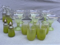 Large Blendo Lime Green Barware Set With Gold Rim 15 pieces Tumblers Cruets etc