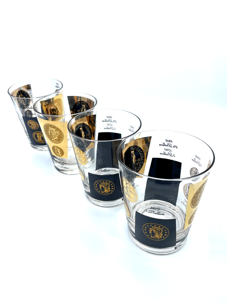 Vintage MCM Cera 22K Gold Black Coin Cocktail Old Fashioned Rocks Glass Set 4