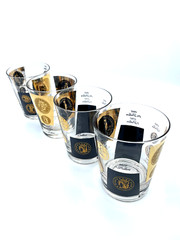Vintage MCM Cera 22K Gold Black Coin Cocktail Old Fashioned Rocks Glass Set 4