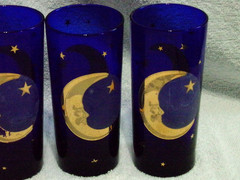 4 Culver Cobalt Blue 6 Inch Glasses Celestial Gold Stars & Moon With Stars Read