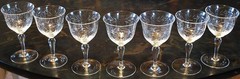 Vtg Set 7 HAND BEVEL CUT Wine Glasses CROSSED WREATH FLORAL/ Bulb Stem 4.75″