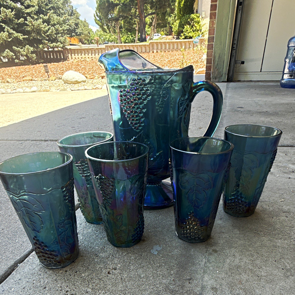 Iridescent Blue & Purple Carnival Glass Grapevine Pitcher w/ 5 Tumblers