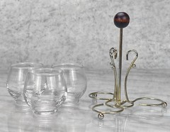 Mid-Century Gold Bar Serving Caddy w/ 3 Whiskey Glasses