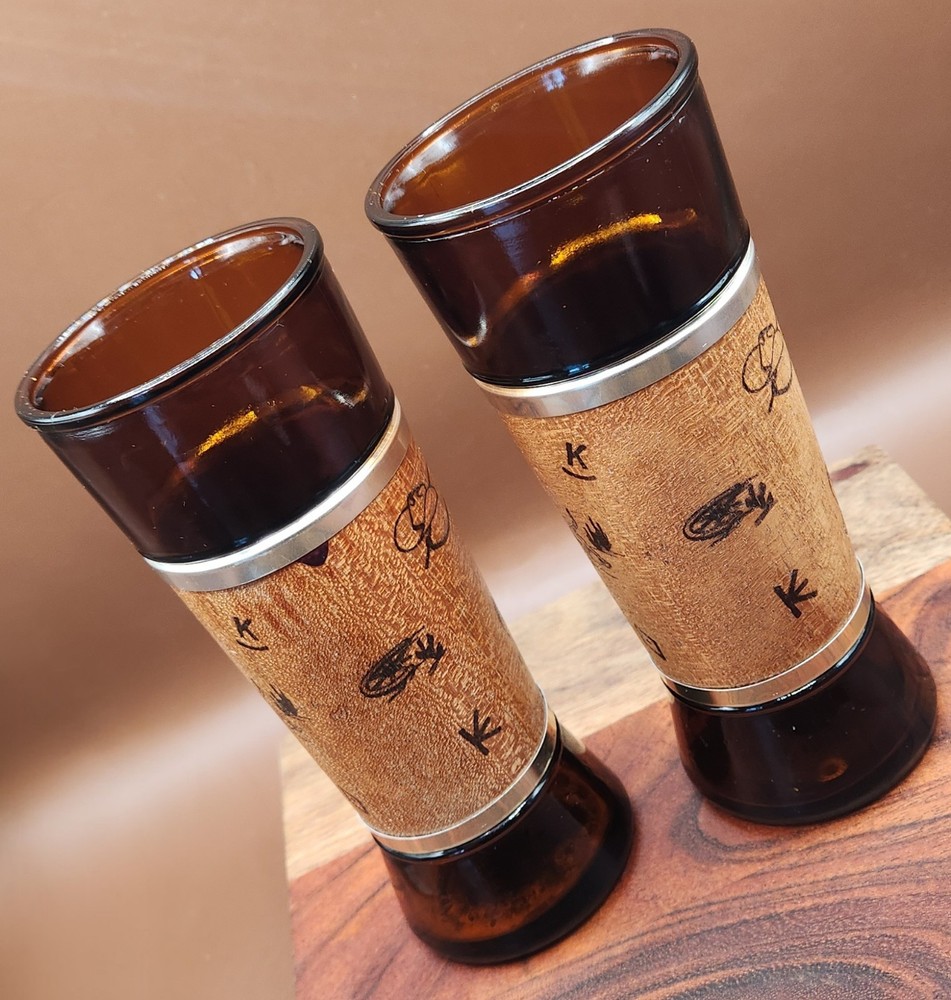 Vintage Siesta Ware Amber Glass Tumblers Pair Wood Jacket Western Cattle Brands