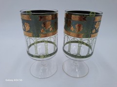 Vintage Cera Glass Cora Water Goblets Grecian Gold 22K Green Grapes Set of 2