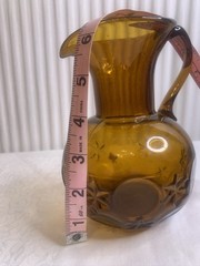 Vintage Hand Blown Moon Star Amber MCM Pitcher w/ Applied Handle 6.5” Tall