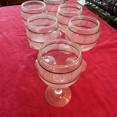 VTG Set Of 6 Wine Glasses Clear Stemware With Silver Bands & White Lace Retro