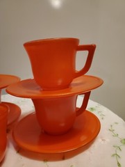 SALE! WAS 50 VTG MCM HAZEL ATLAS 9PC ORANGE OVIDE PLATONITE LITTLE HOSTESS 1950S
