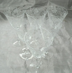 Antique Fostoria WOODLAND Etch 264 Clear Set of 6~7-1/2″ Water Goblets HTF ec