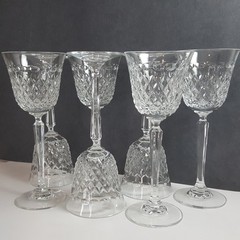 Vintage Cut Crystal Water Goblets Set of 6 Diamond Pattern Faceted Stem Elegant