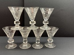(7) Cordial Glasses Set Vintage Clear Cut Etched Lot Excellent Condition