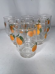Vintage Federal Glass Stackable Hand Painted Orange Juice Glasses Set of 6 MCM