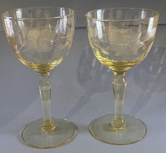 Antique Etched Crystal Cordial/Sherry Glasses, Light Yellow, 4.75” x 3.5” (2)