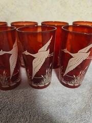 Vintage Anchor Hocking Ruby Red Royal Wild Geese And Cattails Tumbler Set Of 7