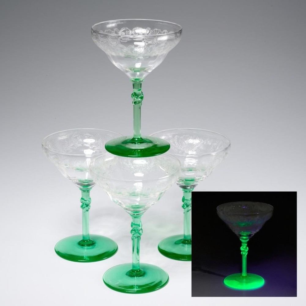 Vtg Deco Etched Green Vaseline Martini Champagne Wine 4 Glasses Iris Apfel Lot B