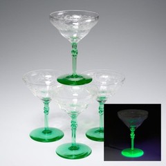 Vtg Deco Etched Green Vaseline Martini Champagne Wine 4 Glasses Iris Apfel Lot B