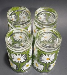 4 Vintage Libbey Glass Green Square White Daisy Yellow Drinking Glasses 1970s