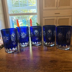 5 Cobalt Blue Cut To Clear Hobstar 4” Tumbler Hand Blown