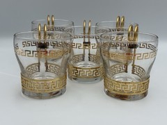 Set Of 6 VTG Libbey glass cups gold Greek key design and metal handles Hollywood