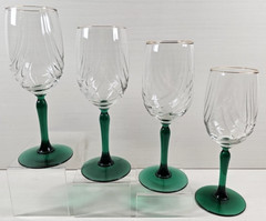 4 Libbey Crystal Green Gold Trim Water Goblet Set Clear Optic Drape Stemware Lot