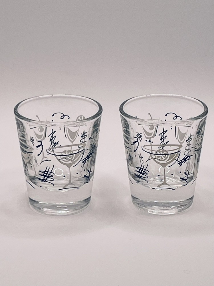 Set of 2 Vintage MCM Retro Martini Drinks Pattern Shot Glasses Barware Libbey