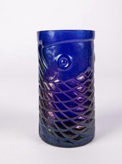 Signed John Cook Cobalt Iridescent Art Glass Koi Fish Tumbler Vase Hand Blown