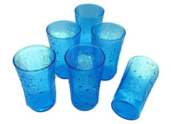 Vintage Anchor Hocking Pagoda 10oz Drinking Glasses Blue Bamboo Texture Set of 6