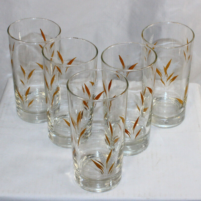 Vintage Libbey Libby 6″ x3″ Wheat Glasses Tumblers White and Gold Leaf Set of 5