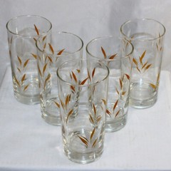Vintage Libbey Libby 6″ x3″ Wheat Glasses Tumblers White and Gold Leaf Set of 5