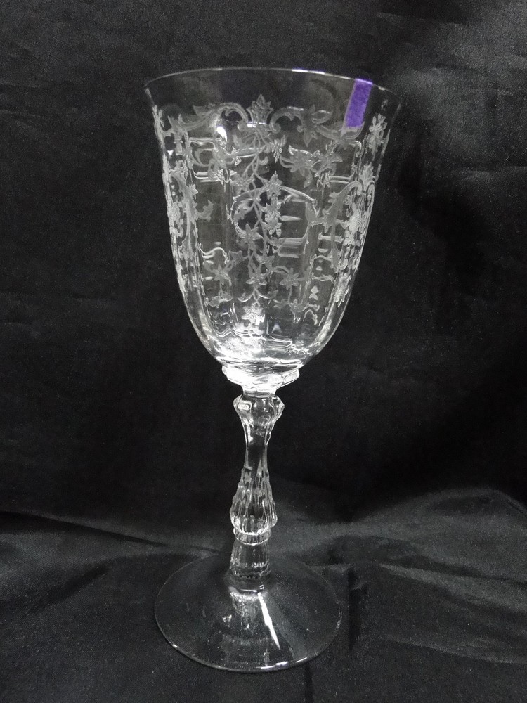 Fostoria Navarre Clear, Stem 6016, Etch 327: Water or Wine Goblet, 7 3/4″, As Is