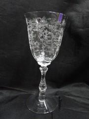 Fostoria Navarre Clear, Stem 6016, Etch 327: Water or Wine Goblet, 7 3/4″, As Is
