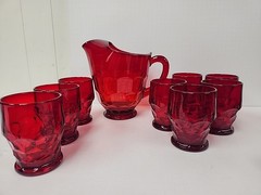 Vintage VIKING GLASS RUBY RED GEORGIAN PITCHER AND GLASS SET.