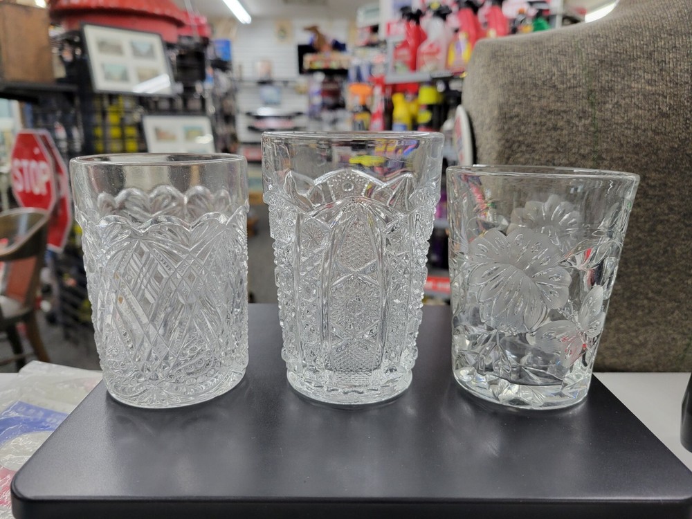 Vintage Cut Glass Assorted Tumblers. 3 Different Unique Designs. Nice Condition