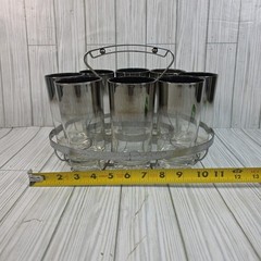 Silver Rim Highball Glasses 8pc W/ Chrome Carrier MCM Dorothy Thorpe