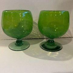 2 Hand Blown Mexican Green Bubble Glass Round Footed Cocktail Glasses big heavy