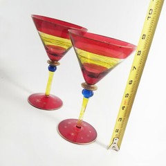 2 Pier One Festive Martini Glasses Red Stripe Hand Blown Glass Star Dot Pattern
