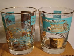 8 Libbey Steamboat Bar Glasses Gold & Blue 3.5 Inches Tall Southern Comfort