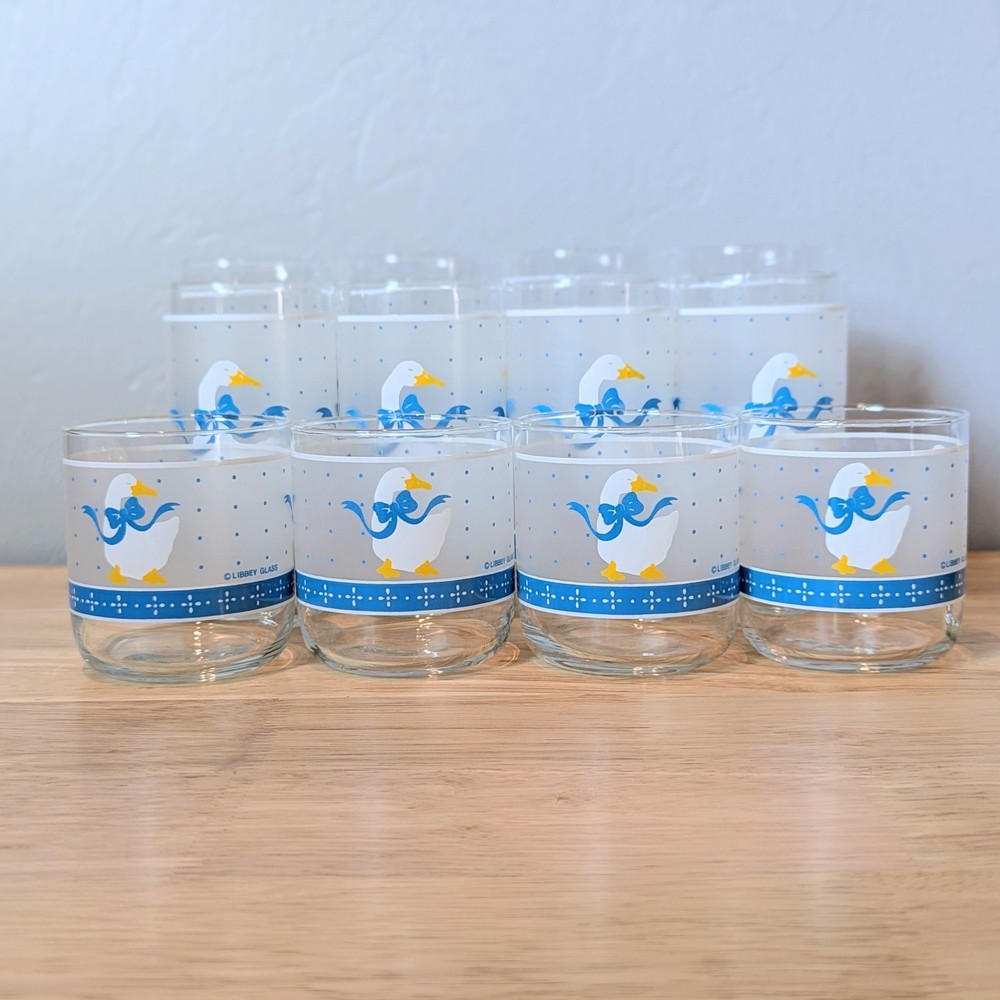 Full Set of 12 Vtg Libbey FROSTED Country Goose Glasses Blue Ribbon Bow Tumblers