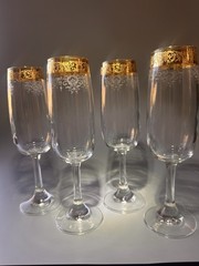 Set of 4 Cellini Crystal Stemware Flute Champagne Glasses 24 KT Gold Trim Italy